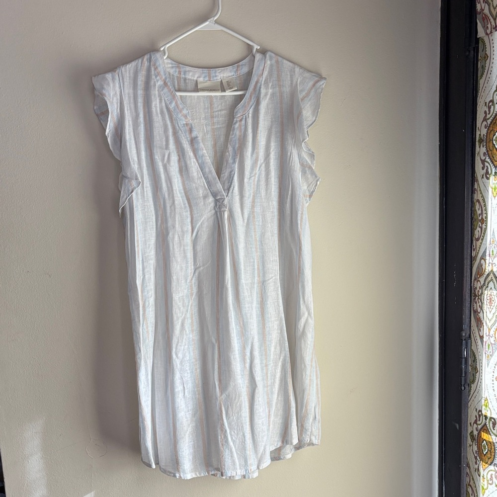 Cynthia Rowley White, Light Blue and Orange Striped V-Neck Tunic